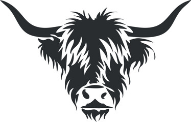 Obraz premium Monochrome silhouette of a highland cow with prominent horns, ideal for logos or design use.