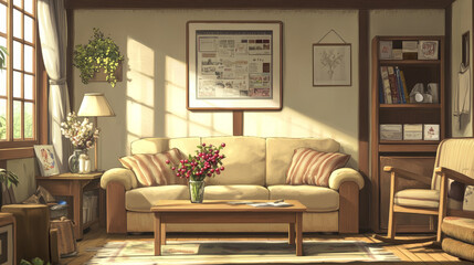 Creative composition of living room interior with mock up poster frame, beige sofa, wooden coffee table, rounded shapes armchair, vase with rowanberry and personal accessories. Home decor. Template.
