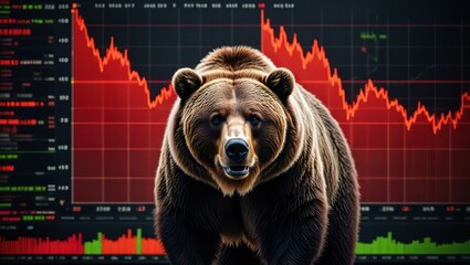 A large bear is depicted in front of a red and green stock market graph showing a significant decline. The bear represents bearish market sentiment while traders observe the changes