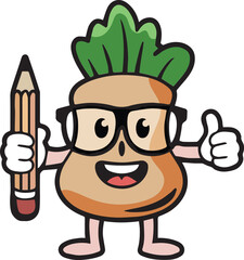 Cute Cartoon Bread Holding a Pencil and Giving Thumbs Up pose. Fun & Friendly Food Character vector art mascots. Vector Illustration for kids isolated on white background. 