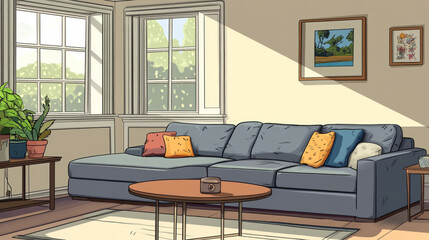 Fototapeta premium Creative composition of stylish and cozy living room interior with mock up frame, grey corner sofa, window, coffee tabels and personal accessories. Beige neutral colors. Template.