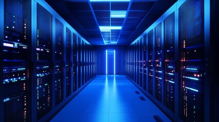 A long corridor in a server room with rows of servers and blue neon lights illuminating the space