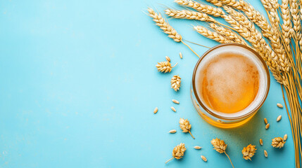 Refreshing cold beer with wheat on blue background. concept of beverage appreciation, barley harvest, summer refreshment. wide horizontal banner, copy space