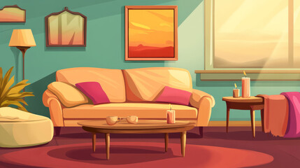 Fototapeta premium Creative composition of living room interior with mock up poster frame, rattan sideboard, modular sofa, travertine coffee table, candlestick, slippers and personal accessories. Home decor. Template.