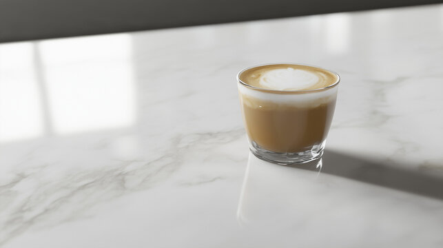 milky coffee inside glass on marble top