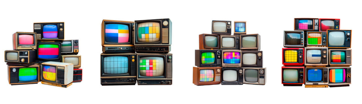Set of vintage televisions stacked showcasing different screen patterns isolated on transparent background