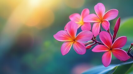Fototapeta premium Vibrant pink plumeria flowers blooming in warm sunlight
