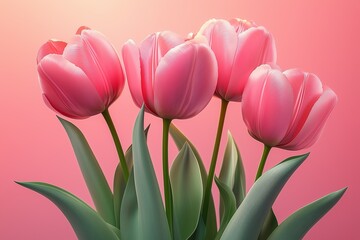 Fototapeta premium pink tulips with green leaves on a pastel background