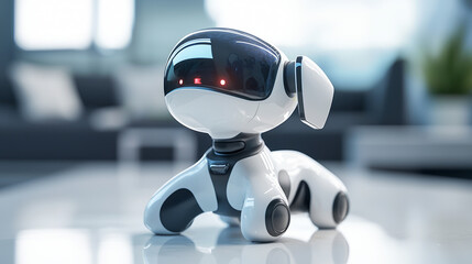 Futuristic Robot Dog with Sleek Design on Blurred Background Showcasing Minimalist Aesthetics. Concept of Innovation, Technology Advancement, Modern Gadgets