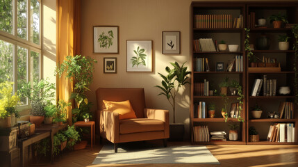 Fototapeta premium Stylish retro concept of living room interior with brown armchair, bookcase, plant and elegant accessories. Template. 