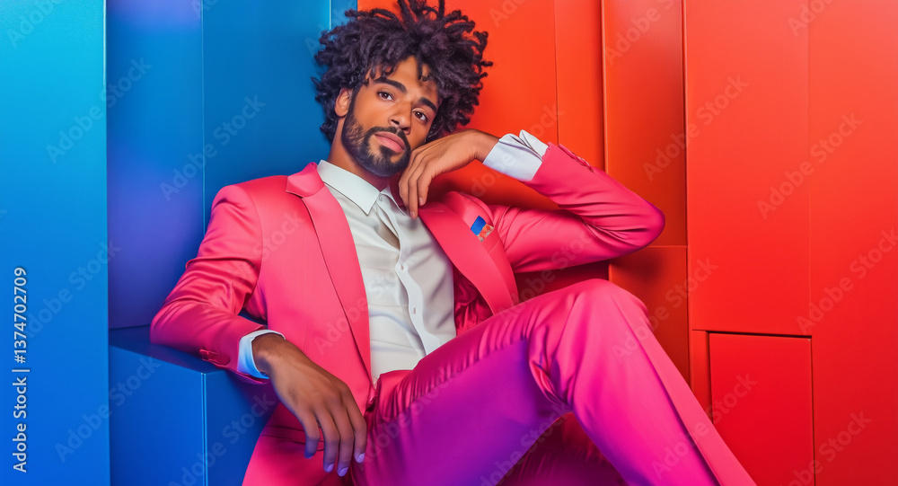 Poster a man in a bright pink suit engages in a discussion about cybersecurity and data breach prevention. 
