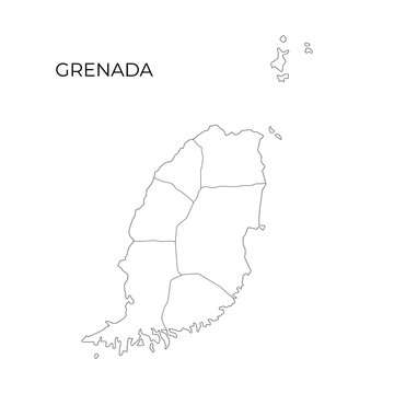 A simple black and white vector map outline of Grenada, showing its parishes and geographical divisions.