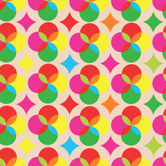 Seamless star and circle design pattern. Used for design surfaces, fabrics and textiles.