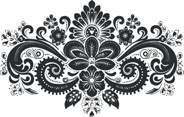 Black and white intricate floral ornament design with symmetrical decorative elements.