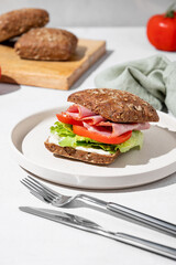 Toast club sandwich made of grain bread with prosciutto, cheese, tomatoes, lettuce and sauce on light background