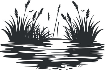 Silhouette of a serene lake with reeds and birds, creating a peaceful natural scene.