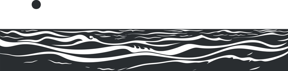 Monochrome illustration of ocean waves with a sun on the horizon, creating a serene scene.