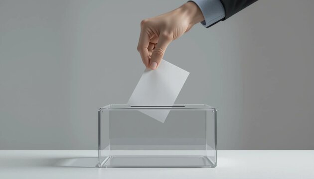 Main d&eacute;posant un bulletin dans une urne transparente, concept d&rsquo;&eacute;lection et de d&eacute;mocratie.