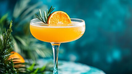 Fototapeta premium Orange cocktail drink recipe idea with rosemary garnish and citrus slice for summer party drink ideas