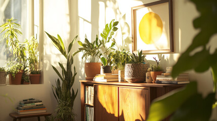 Stylish interior with a wooden cabinet adorned with potted plants, decorative objects, and books. A vibrant art piece featuring a sunburst design adds a pop of color. Home decor. Template.