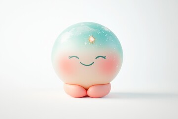 A cute, smiling 3D rendered orb with celestial designs, sitting peacefully.