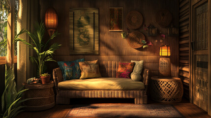 Interior design of ethno style living room with rattan furniture, daybed, pouf, hanging decoration on the wall, lamp and elegant personal accessories. Home decor. Template.	