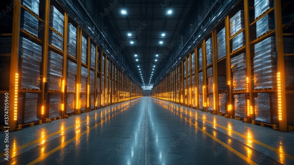 Poster the spacious warehouse features organized shelves of inventory, illuminated by bright lights, showca