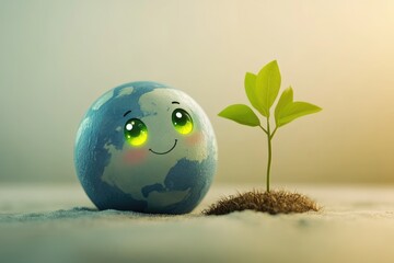A cute cartoon Earth smiles beside a sprouting plant, symbolizing environmental hope and growth.