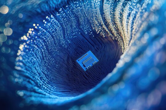 A microchip nestled within a swirling, blue, data-like structure, representing technological advancement and data processing.