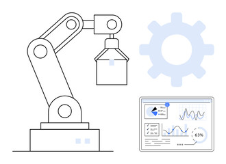 Robotic arm lifting object near data analytics dashboard and gear. Ideal for automation, robotics, AI, industrial design, manufacturing, technology, innovation. Flat simple metaphor