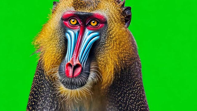 Colorful mandrill staring forward on a chroma key green background for VFX