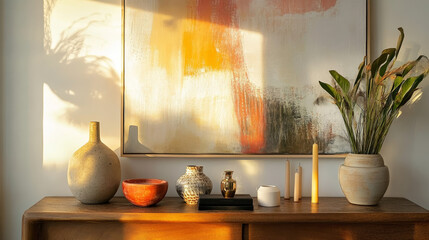 Aesthetic interior design featuring a wooden console, furniture  adorned with decorative vases, candles and  sculptures. A large abstract painting adds a modern touch. Stylish space. Template.