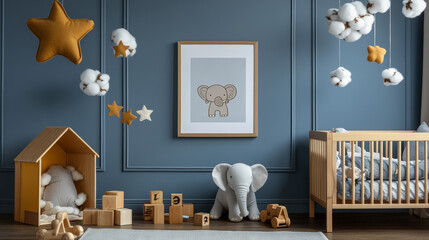 The modern scandinavian newborn baby room with mock up poster frame, wooden toys, blocks, elephant and accessories. Minimalistic and cozy interior with blue walls. Haniging cotton balls and stars
