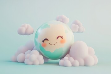 A happy cartoon Earth surrounded by fluffy clouds, conveying a cheerful and peaceful message about environmental care.