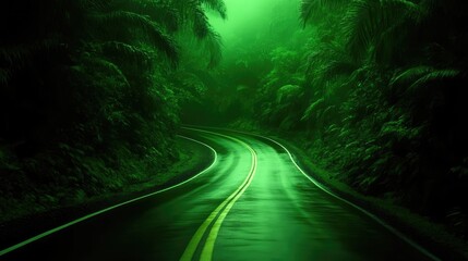Road winding through dense, green foliage; vibrant, mysterious path. Lush vegetation lines the way