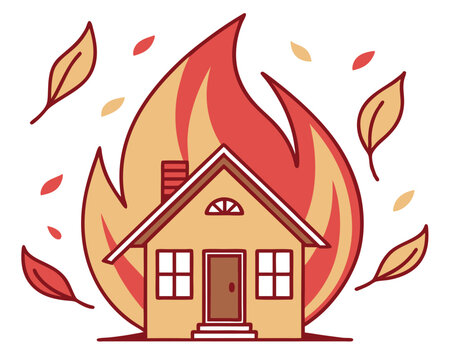 recommend clip art: Cartoon house engulfed in bright red and orange flames with falling leaves.
