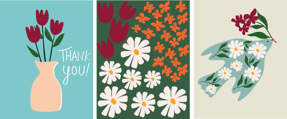 Spring greeting card clipart poster set. Hello spring text in abstract colorful background with beautiful flowers and leaves decoration elements. Vector illustration holiday postcard .