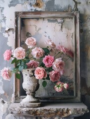 Vintage composition with roses, vase and frame.