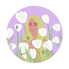 Portrait of a beautiful girl with long, green, bright hair surrounded by white flowers, tulips. Illustration inscribed in a circle on a purple background. Advertising of perfumes, care products