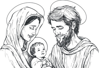 Black and white sketch illustration of a holy family with halos, symbolizing spiritual devotion. © vadymstock