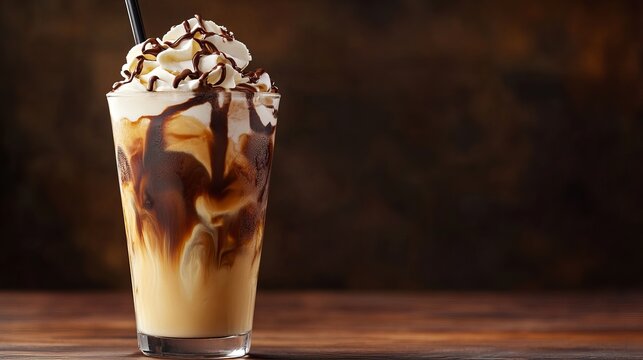 Iced coffee with whipped cream and chocolate syrup drink beverage cafe mocha latte frappe sweet treat
