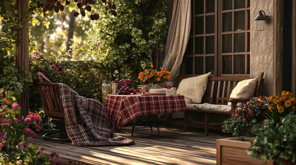Obraz premium Creative composition of warm and cozy terrace with table, garden furnitures, vase with flowers, wooden floor, plaid, curtain, grape, big garden and personal accessories. Home decor. Template.