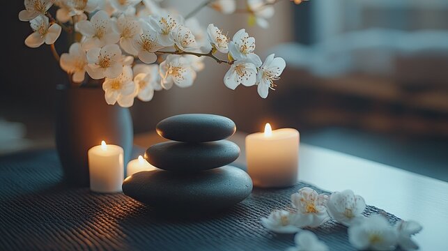 Spa stones and floral decor arranged elegantly on a table, symbolizing relaxation. The soft light accentuates the calm, peaceful atmosphere, ideal for a spa or wellness setting.