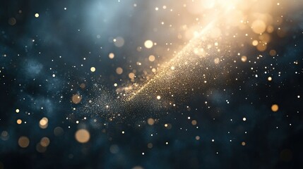 Sparkling gold dust and bokeh lights on a black background. The particles shimmer, creating an ethereal effect that adds elegance and a touch of magic to the design.