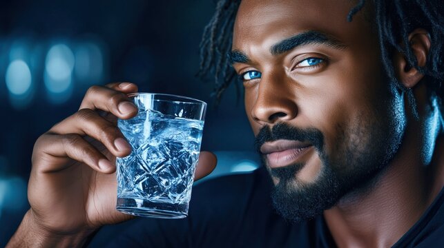 Stylish man holding crystal glass with ice and water in blurred background