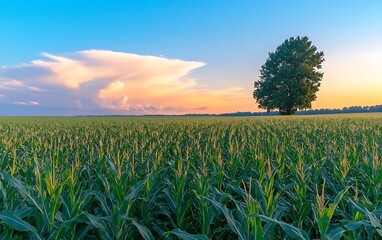 Sunset Cornfield with Lone Tree, and Clouds.