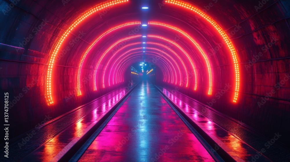 Poster A brightly lit tunnel features vibrant neon lights reflecting off the wet surface, representing the intersection of modern design and urban transit systems during late evening hours.
