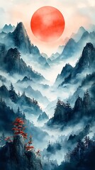Serene Watercolor Landscape with Misty Mountains and a Red Tree at Sunset

