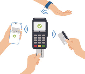 Contactless cashless payments with credit cards, mobile phone apps and smart watches. Hands paying with POS terminals and NFC technology. Hand drawn flat vector illustration.
