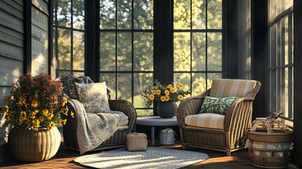 Interior design of warm terrace interior with garden armchair, pillows, vase with flowers, braided basket, plaid, big window, bowl, wooden floor and personal accessories. Home decor. Template.